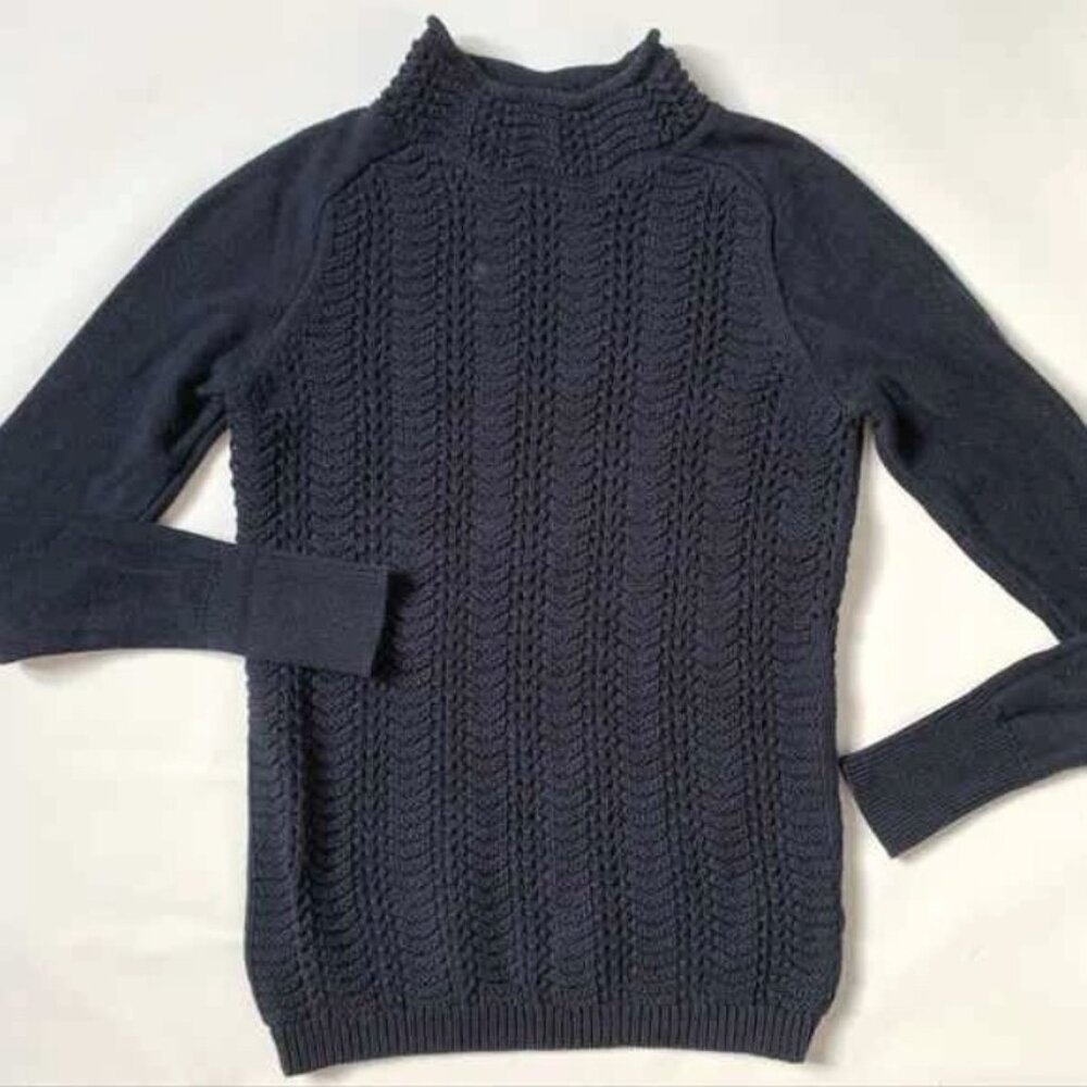 Vintage 90s RW&CO. Navy 100% Cotton Crochet Mockneck Sweater - M